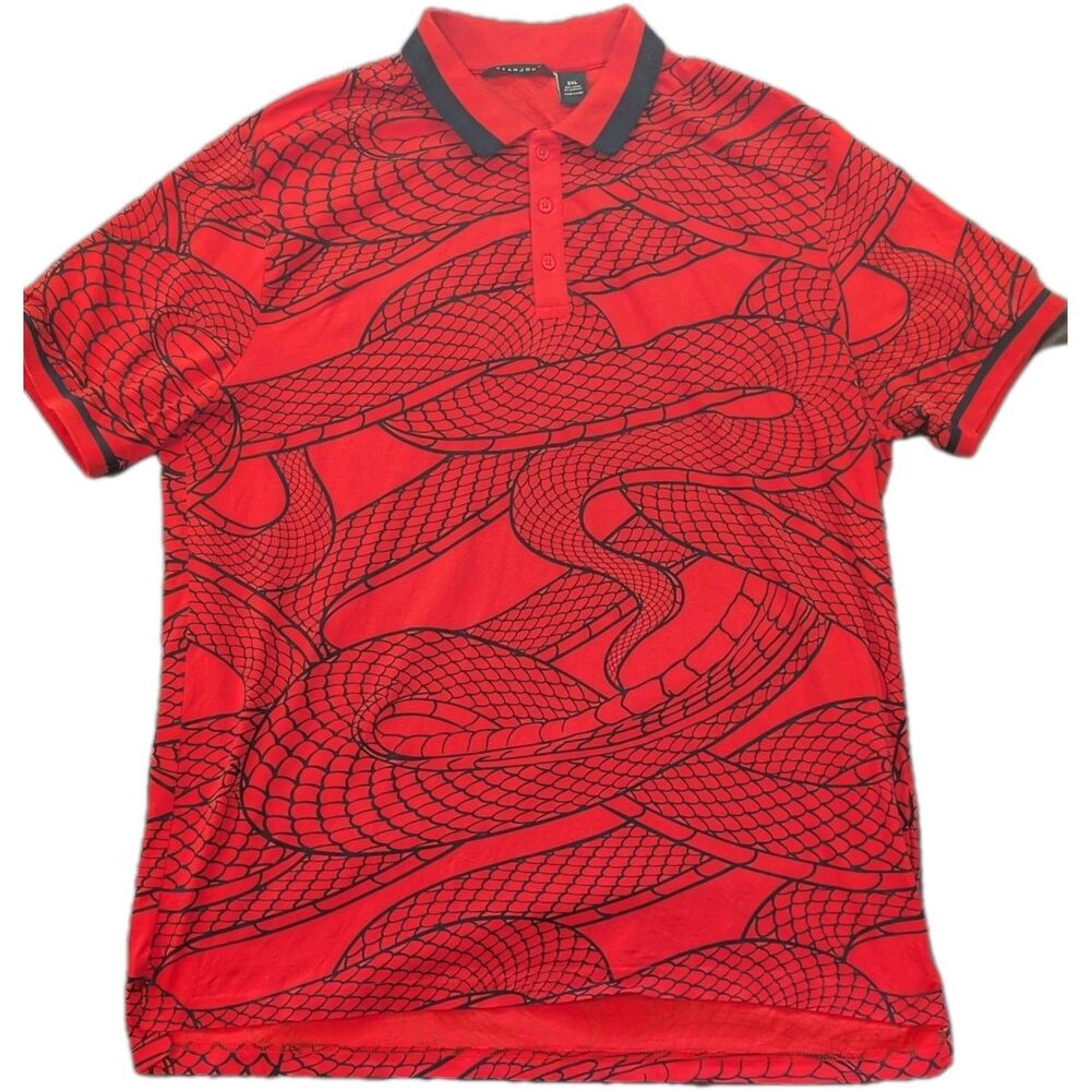 SEAN JOHN 2XL Red Polo Shirt All-Over Serpent Print Snake Graphic Wrap Around